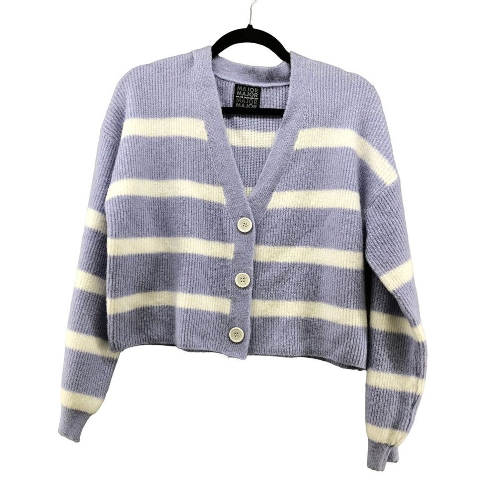 NWOT Pastel Blue Ivory Striped Cropped Cardigan Sweater Y2K Womens M Relaxed‎